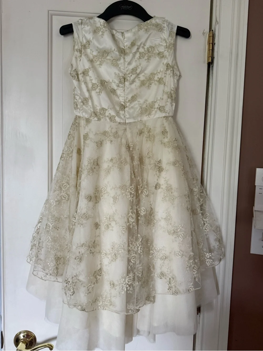 Joyfolie Ivory and Gold Lace Overlay Party Dress